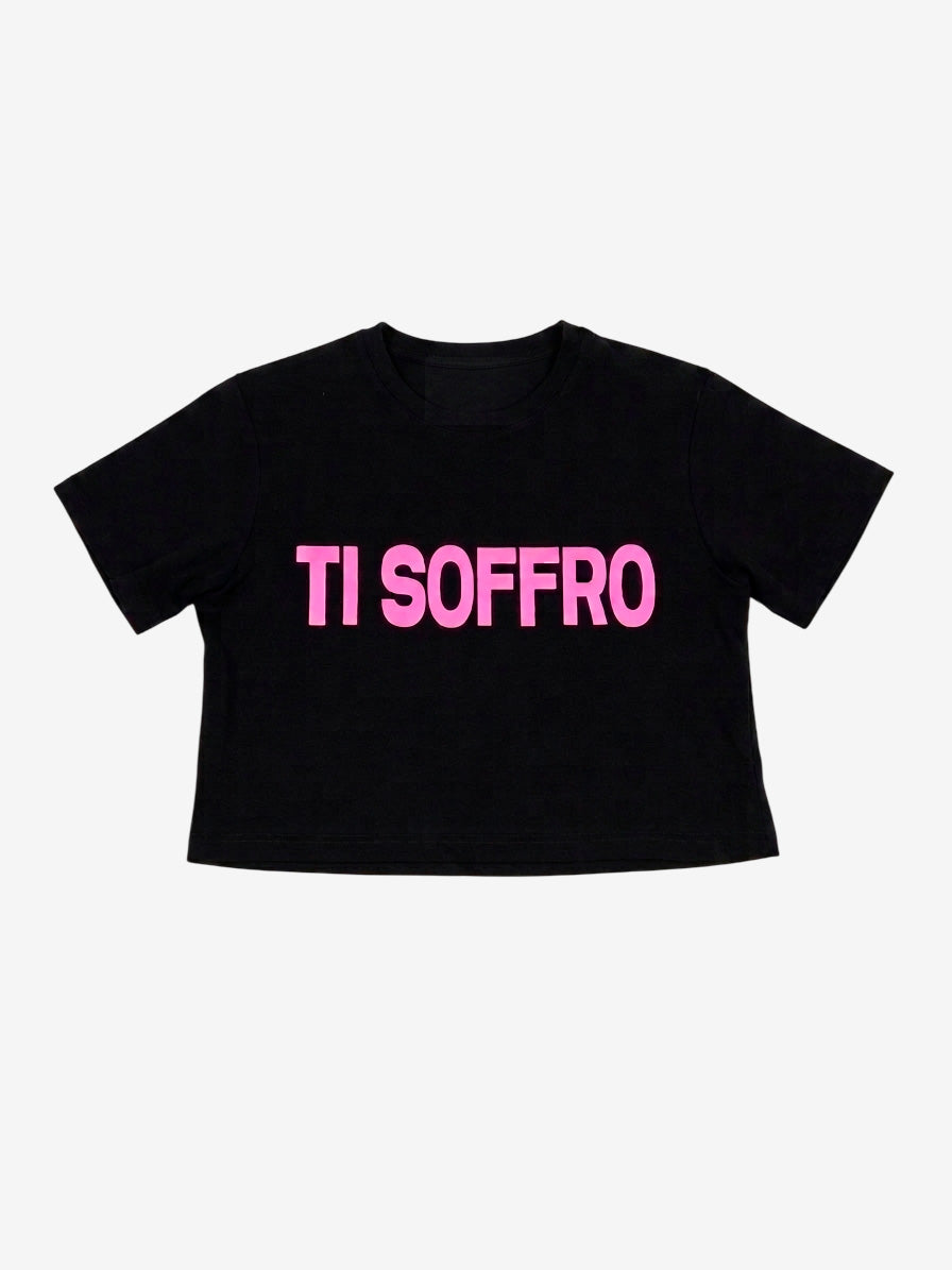 Maglietta Crop Donna "TI SOFFRO" Nera Scritta Fluo