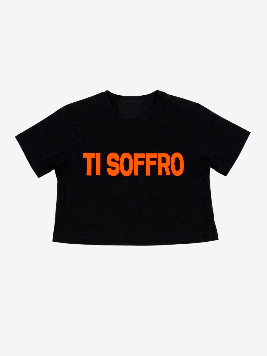 Maglietta Crop Donna "TI SOFFRO" Nera Scritta Fluo